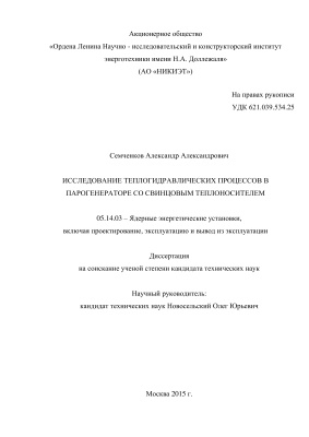 Семченков А.А. Исследование теплогидравлических процессов в парогенераторе со свинцовым теплоносителем