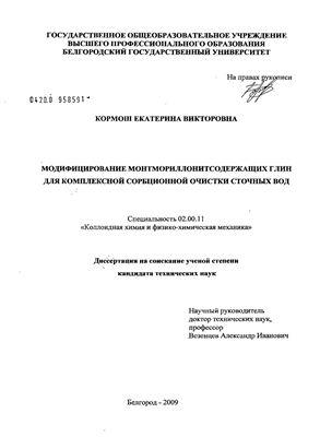 Кормош Е.В. Модифицирование монтмориллонитсодержащих глин для комплексной сорбционной очистки сточных вод