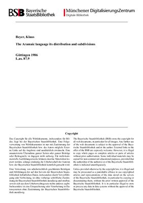 Beyer, Klaus. The Aramaic Language its distribution and subdivisions